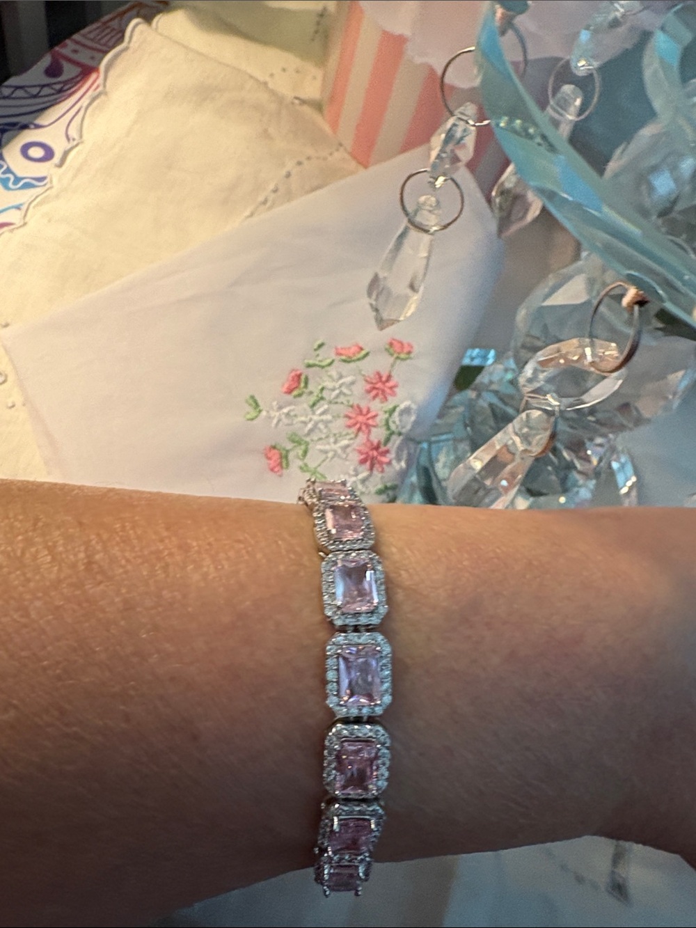 Pink CZ’s Tennis Bracelet with pave Halo